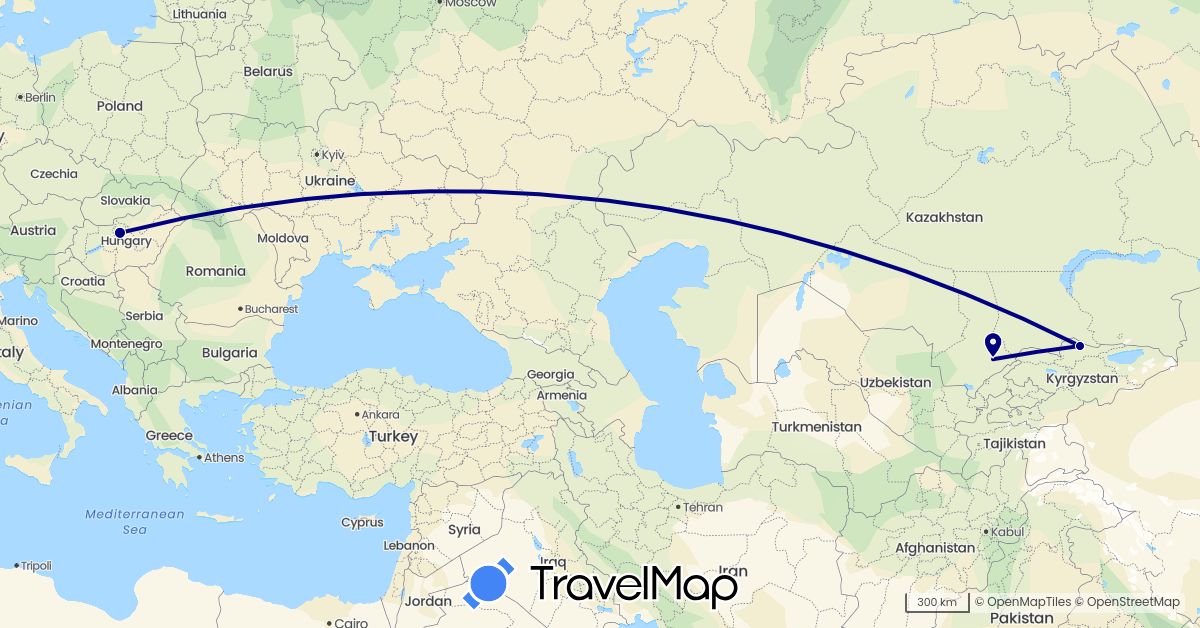 TravelMap itinerary: driving in Hungary, Kyrgyzstan, Kazakhstan (Asia, Europe)